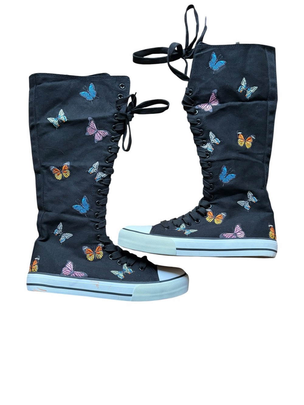 Butterfly-Embroidered Lace-Up Canvas Knee High Sneakers Black Sz9